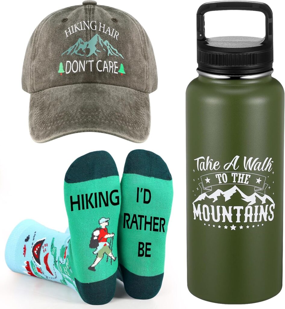 3 Pcs Hiking Gifts Hiking Hat 32oz Hiking Green Stainless Steel Tumbler Water Bottle with Spout Lid Funny Hiking Socks for for Men and Women Hiking Golfing Sports Lovers Gifts