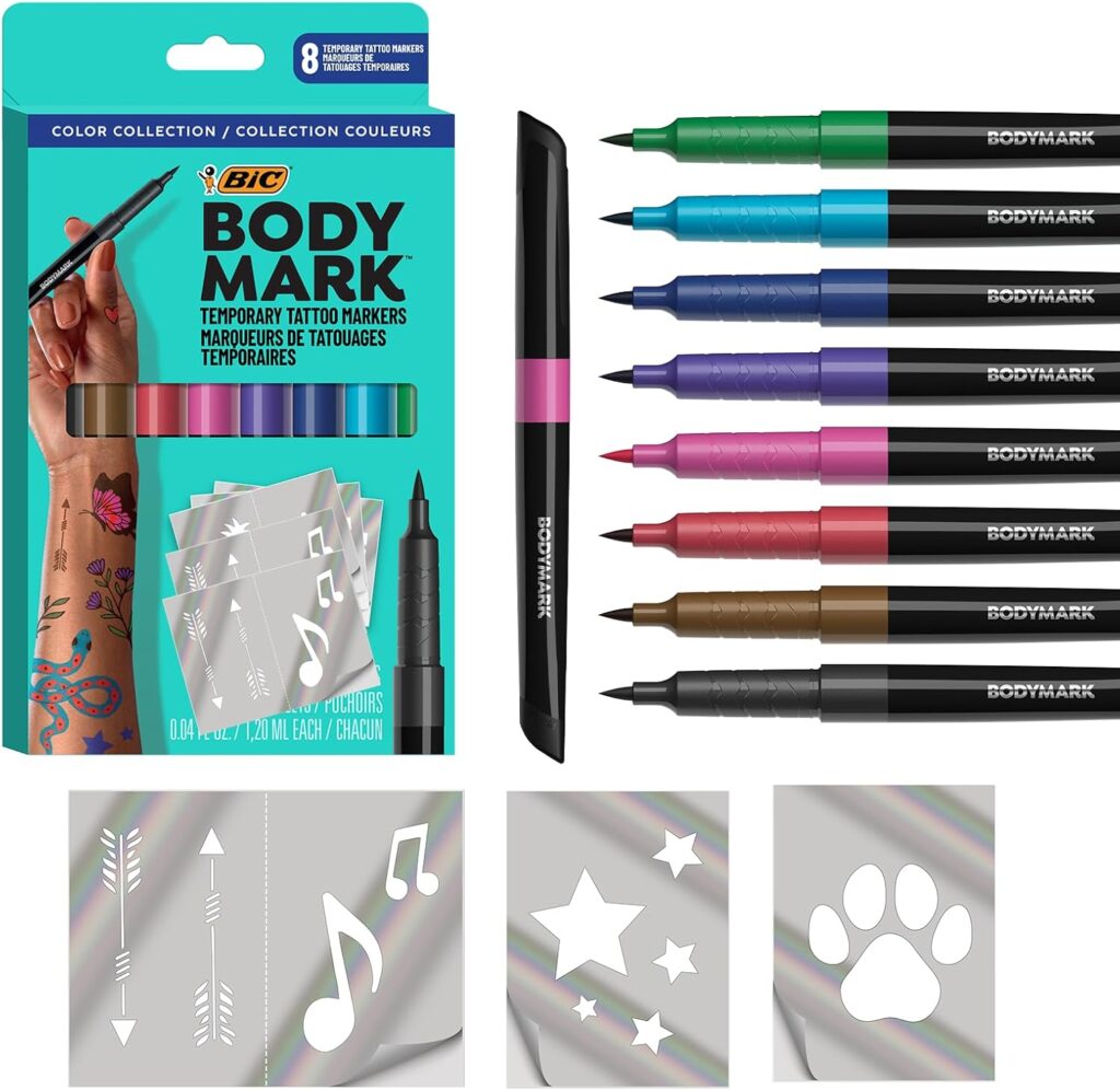 BODYMARK Temporary Tattoo Markers, 8-Count Color Collection, Skin-Safe  Cosmetic Quality, Cruelty-Free, Long-Lasting, Flexible Brush Tip, Stencils Included