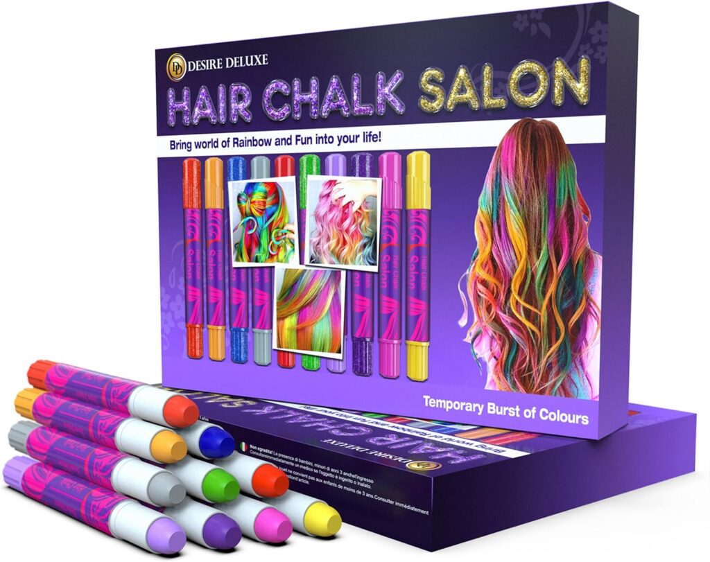 Desire Deluxe Hair Chalk for Girls Makeup Kit of 10 Temporary Colour Pens Gifts, Great Toy for Kids Age 5 6 7 8 9 10 11 12 13 Years Old, Blue,Green,Grey,Pink,Purple