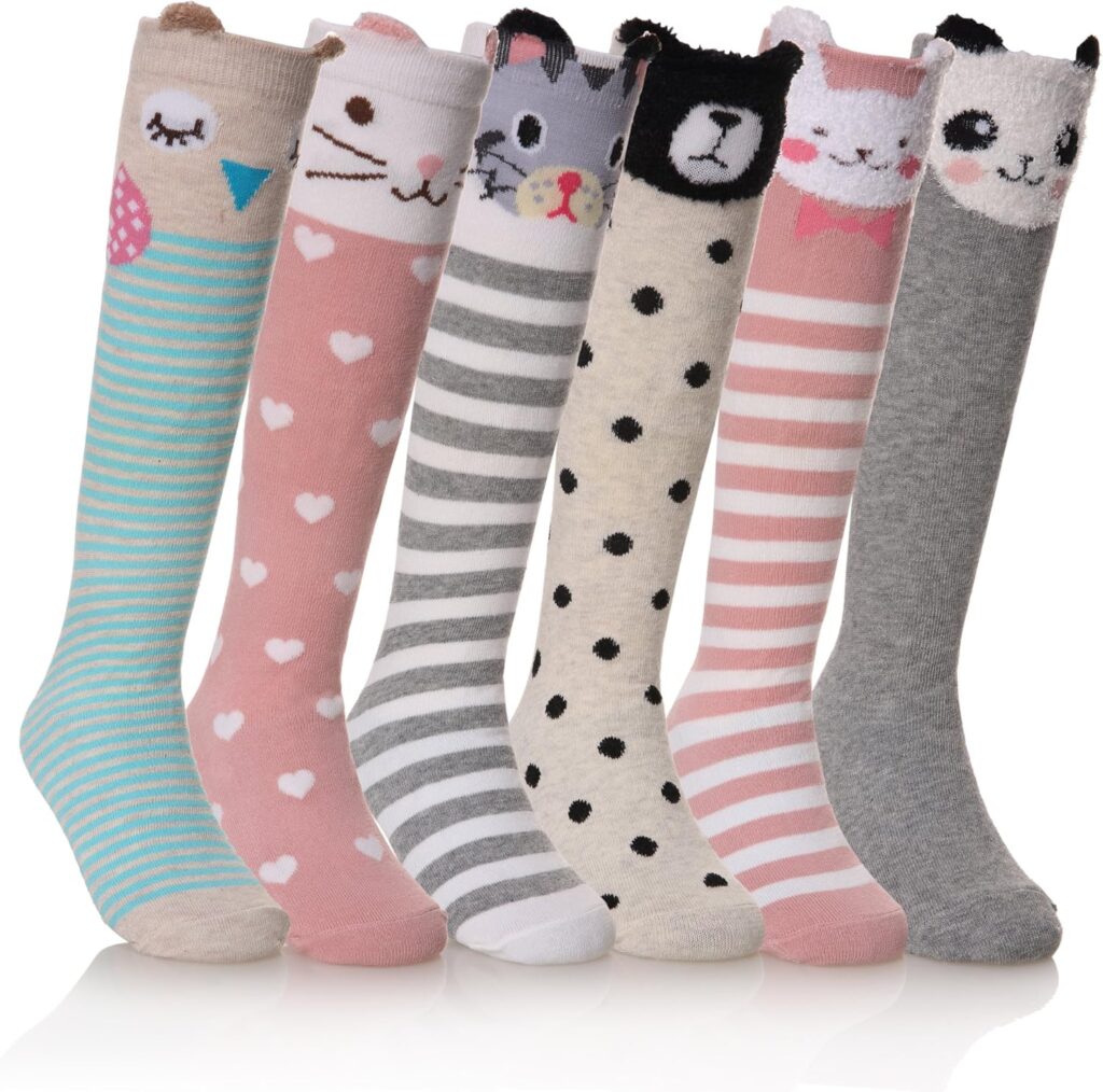 FNOVCO Girls Knee High Socks Kids Crazy Fun Gift Cute Animal Patterns Cotton Long Socks 6 Pairs