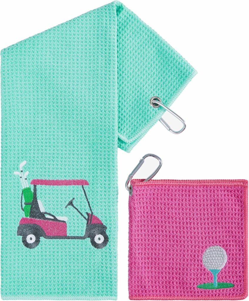 Fun Golf Towel Set of 2, Golf Accessories for Men and Women, Womens Golf Accessories, Golf Gifts for Women and Men, Golf Towels for Golf Bags, Microfiber Waffle and Ball Towels, Cart Ball Embroidery