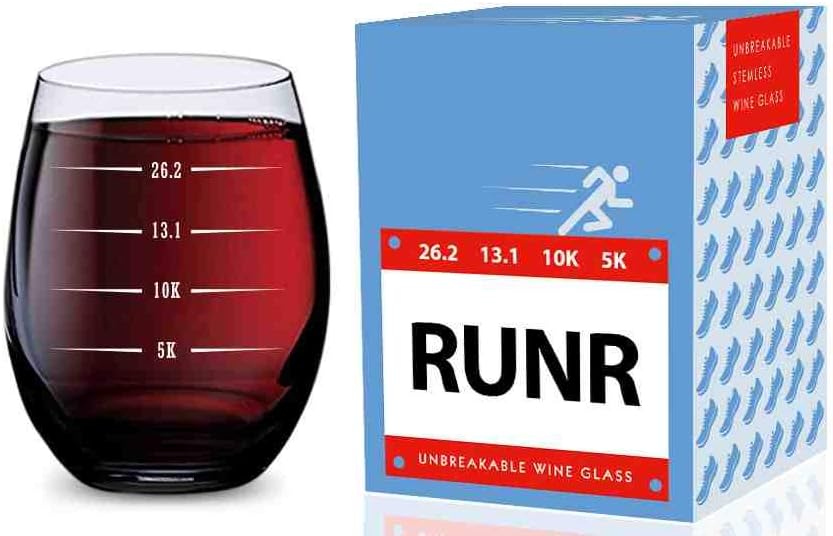 GSM Brands Stemless Wine Glass for Runners (5K, 10K, 13.1, 26.2 Measurements) Made of Unbreakable Tritan Plastic and Dishwasher Safe - 16 ounces