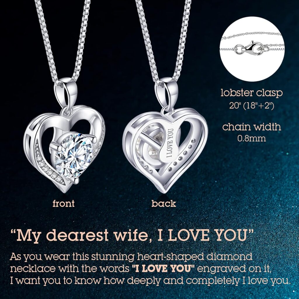 Heart Pendant Necklace Gifts for Wife, Engraved I LOVE YOU Gift for Wife, 1-3 Carat Moissanite Necklace, Anniversary Eternity Jewelry Present for Wife, Birthday Gifts for Women