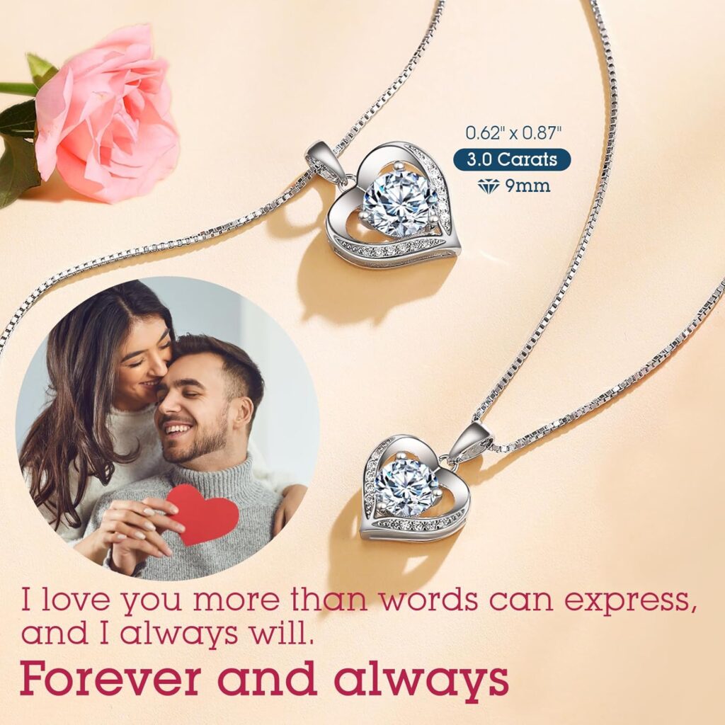 Heart Pendant Necklace Gifts for Wife, Engraved I LOVE YOU Gift for Wife, 1-3 Carat Moissanite Necklace, Anniversary Eternity Jewelry Present for Wife, Birthday Gifts for Women