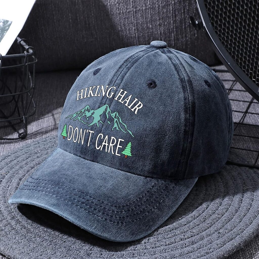 Hiking Hair Dont Care Distressed Washed Blue Baseball Cap, Vintage Adjustable Cotton Cap, Retirement Gifts for Men and Women, Hiking Hats for Mom and Dad, Birthday Gifts for Camping Lovers