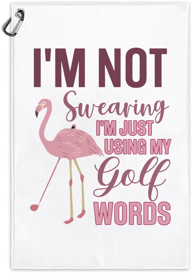 Im Just Using My Golf Words Funny Printed Microfiber Golf Towel with Clip, Cute Golf Gifts for Golfer, Mothers Day Birthday Gifts, Pink Flamingo Golf Accessories for Women Golf Lover Mom