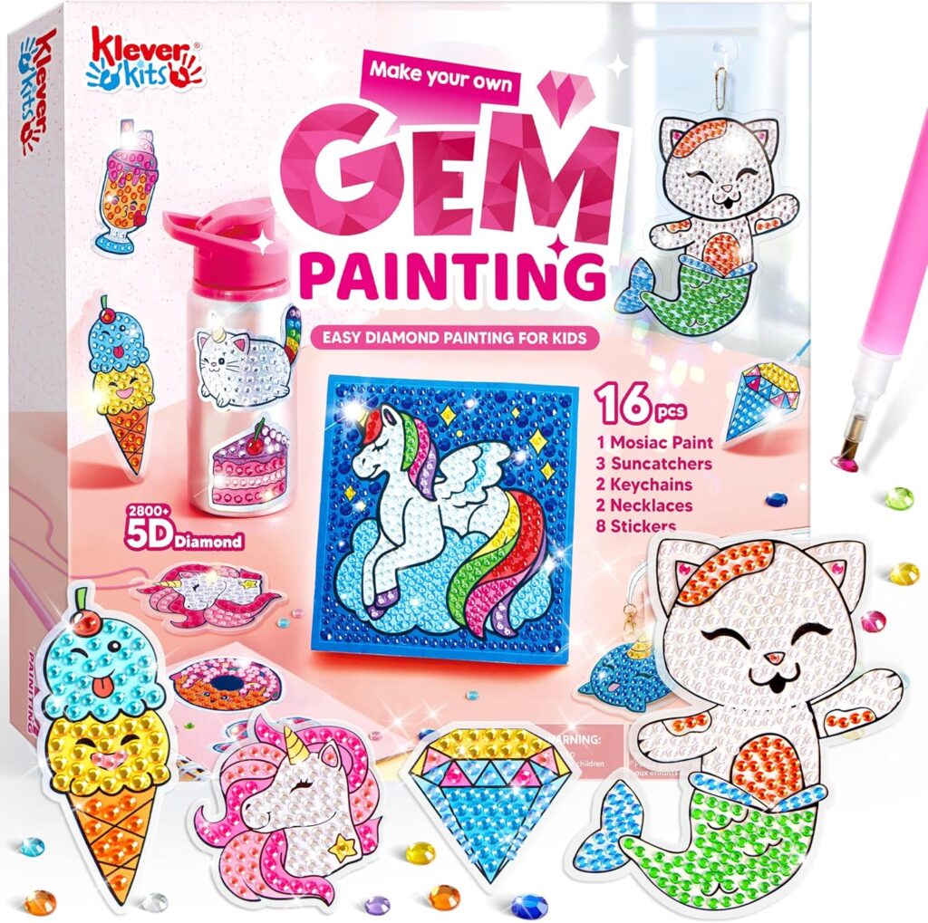 Klever Kits 16 Projects Gem Painting, Kids Diamond Gem Painting Kit with 5D Gem, Arts and Crafts for Girls Ages 6-12, Gem Craft Activities Kits, Premium Art Gift Ideas for Girls Ages 6, 7, 8+