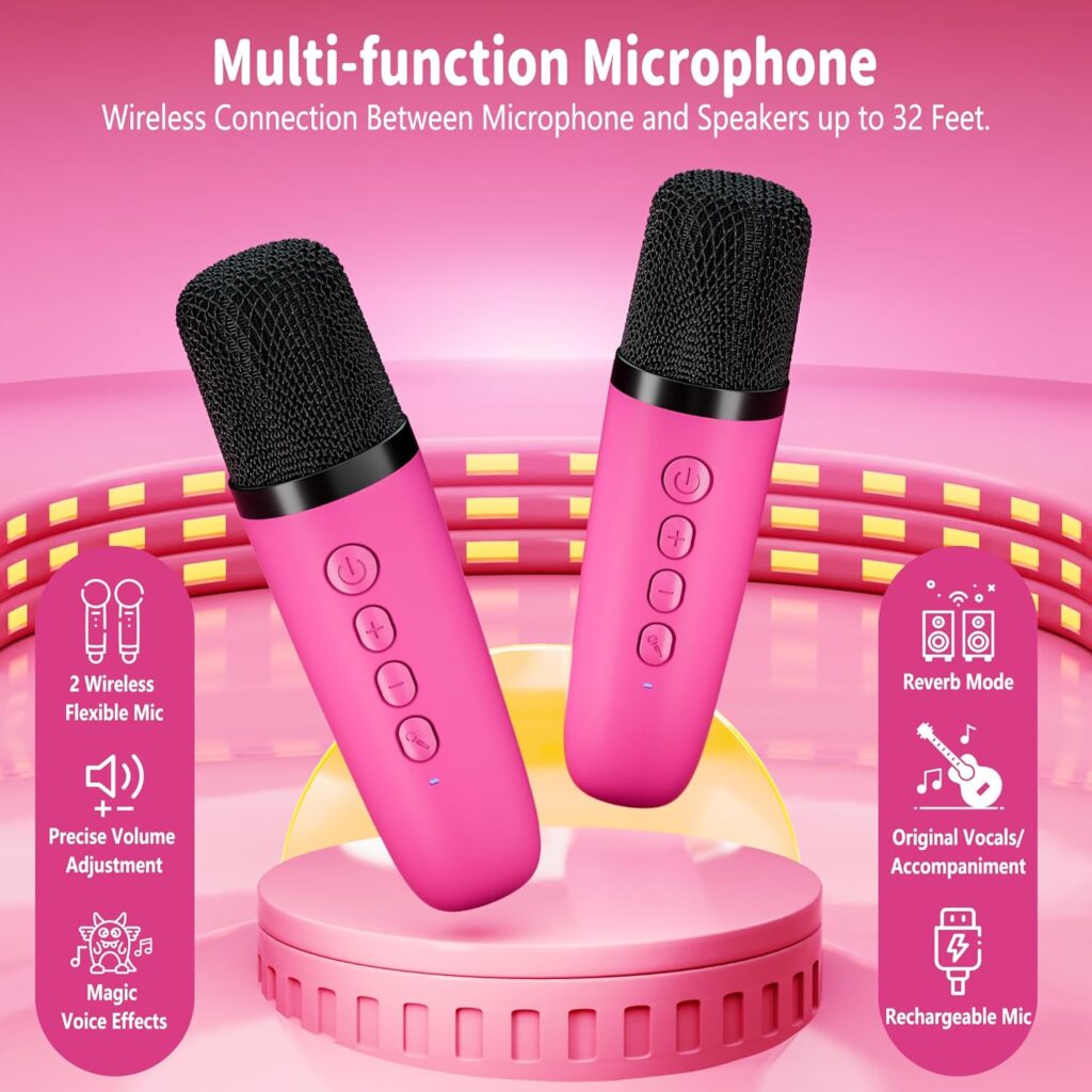 Mini Karaoke Machine for Kids Adults, Portable Bluetooth Speaker with Wireless Microphone, for Girls 4,5,6,7,8,9,10,12 Year Old Karaoke Toys Birthday Gifts Home Party (Pinkcolor 1 Mic)