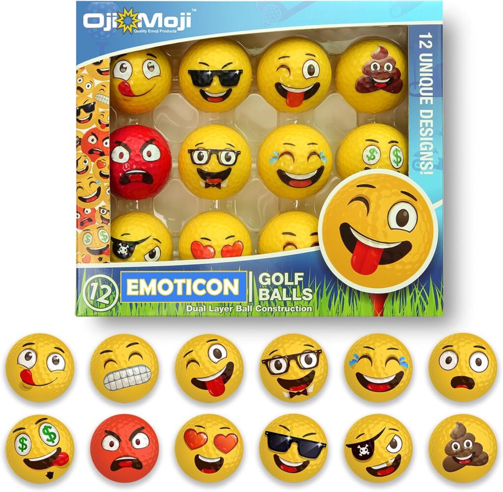 Oji-Emoji Premium Emoji Golf Balls, Unique Professional Practice Golf Balls, 12-Pack Emoji Golfer Novelty Golf Gift for All Golfers, Fun Golf Gifts for Men, Dads, Women, Kids, golf accessories