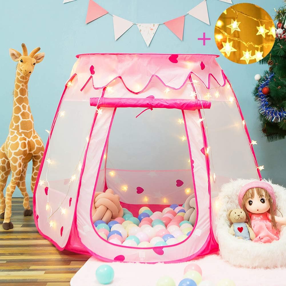 Pop Up Princess Tent with Star Light, Toys for 1 2 3 Year Old Girl Birthday Gift, Ball Pit for 12-18 Months Baby Girl Toys, Toddler Girl Gift, Easy to Pop Up and Assemble(Pink)