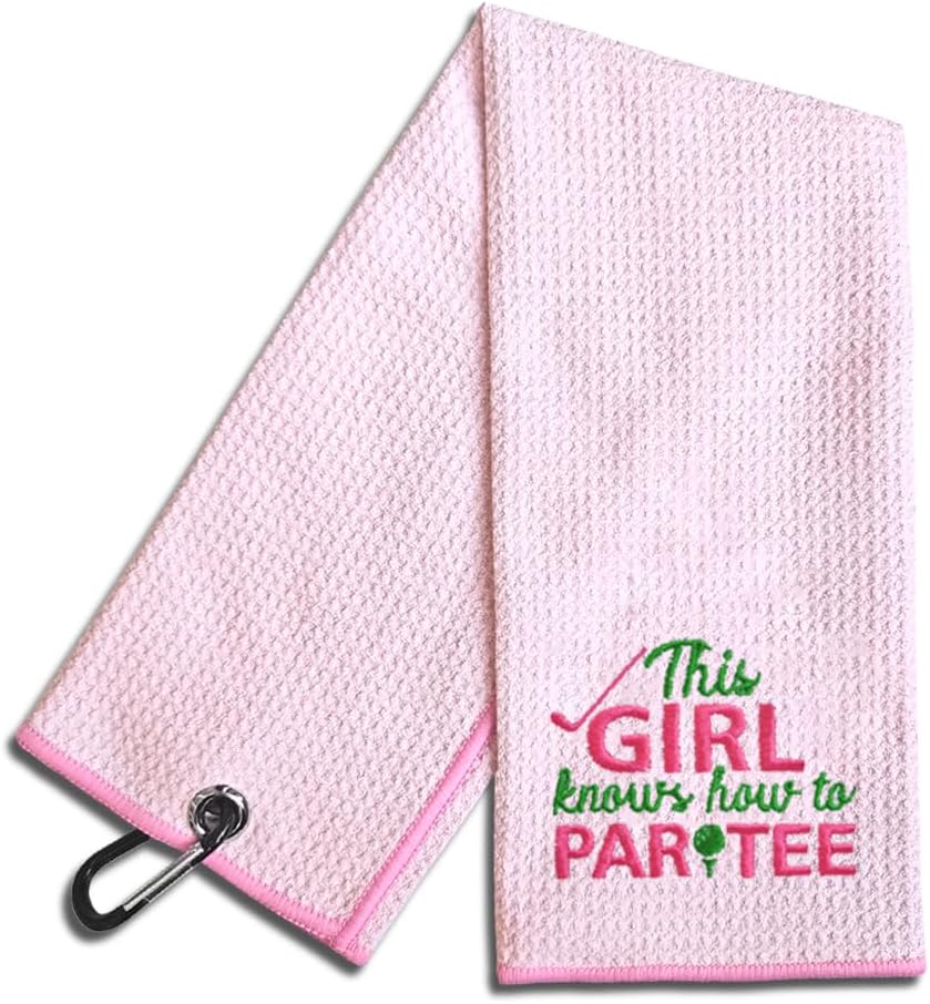 This Girl Knows How to Par Tee Embroidered Pink Golf Towel, Funny Golf Towels for Golf Bags with Clip, Birthday Retirement Gift for Grandma Mom Golfer, Ladies Golf Towel, Women Golf Towel